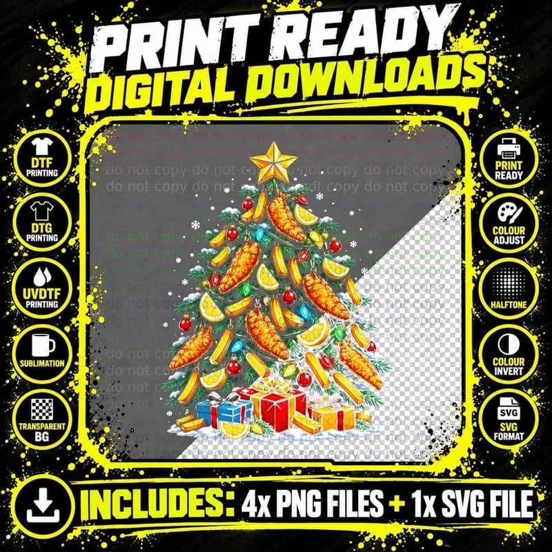 Fish And Chips Christmas Tree British Chippy Lover Xmas Png SVG Digital Bundle