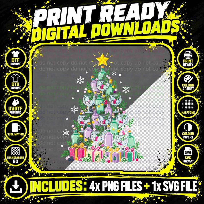 Gin-gle Christmas Tree Funny Gin Lover Gin Bottle Png SVG Digital Bundle