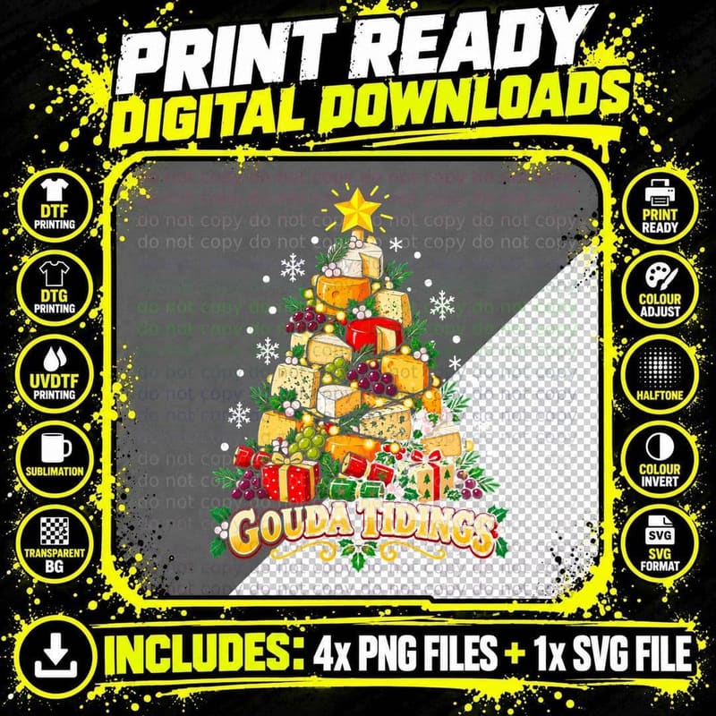 Gouda Tidings Christmas Cheese Tree Cheese Lover Xmas Png SVG Digital Bundle