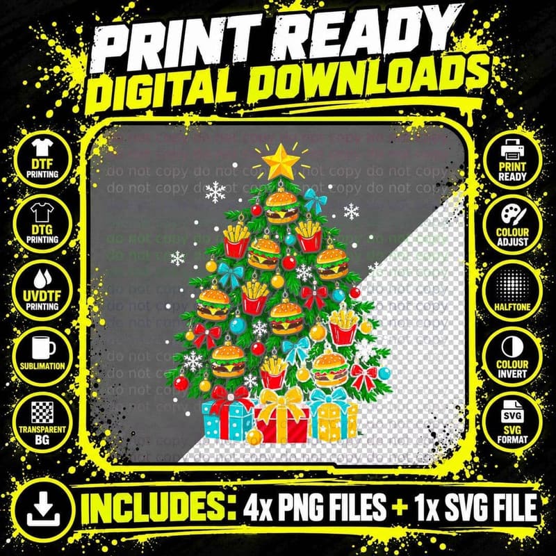 Merry Burger Bauble Christmas Tree Burger And Chips Png SVG Digital Bundle