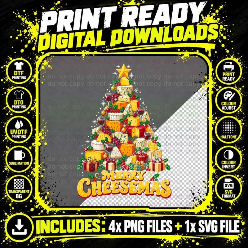 Merry Cheesemas Christmas Cheese Tree Cheese And Wine Png SVG Digital Bundle