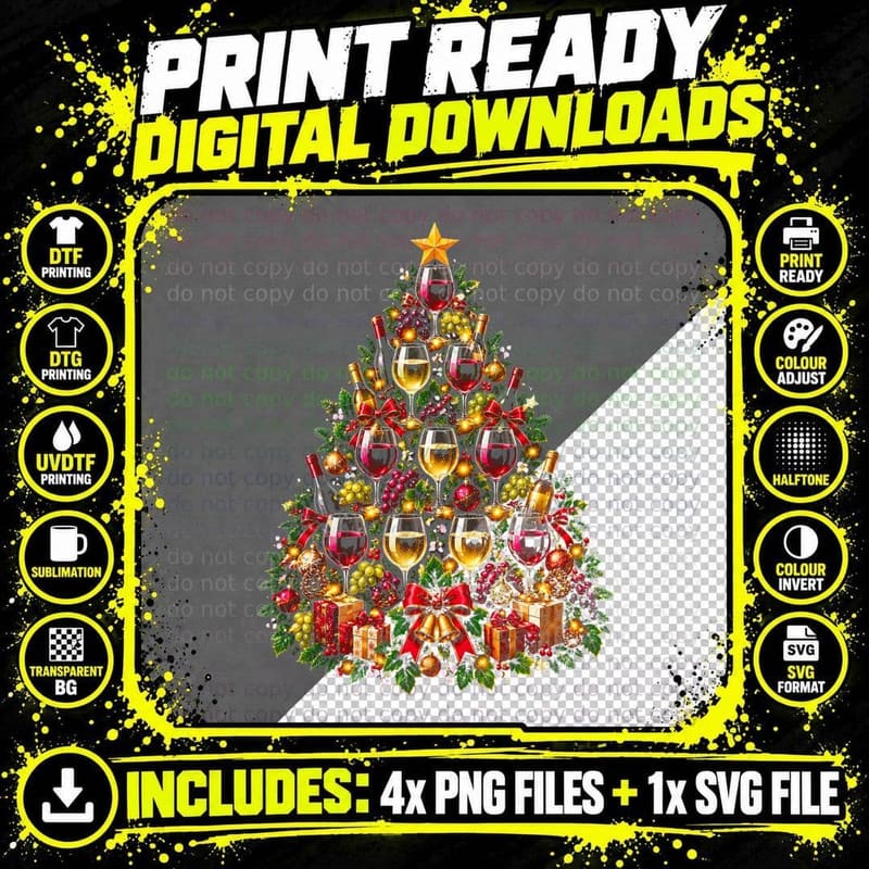 Red And White Wine Christmas Tree Wine Glass Lover Xmas Png SVG Digital Bundle