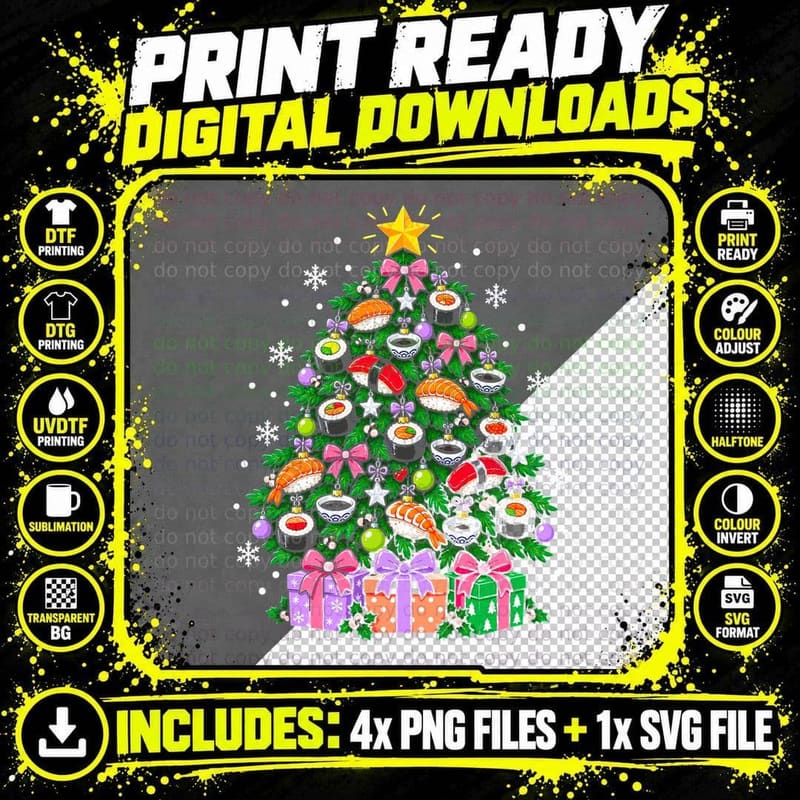 Sushi Snowfall Christmas Tree Sushi Lover Japanese Food Png SVG Digital Bundle