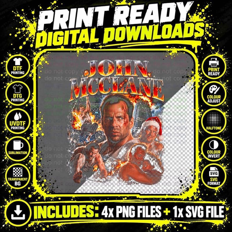 John McClane Bruce Willis 1988 Retro Collage Christmas Png SVG Digital Bundle