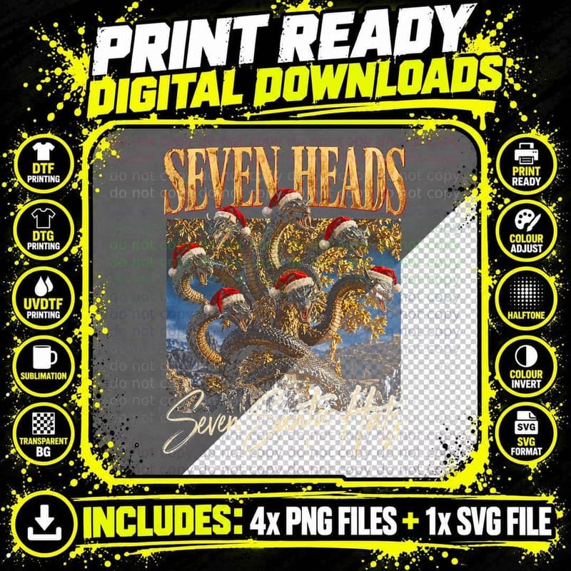 Seven Heads Seven Santa Hats Hydra Christmas Mythology Png SVG Digital Bundle