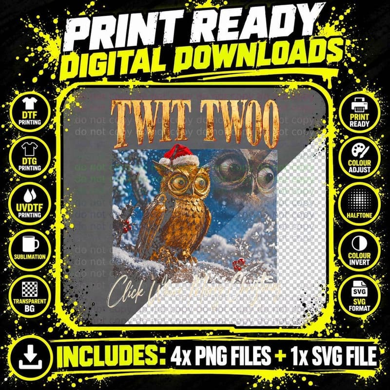 Twit Twoo Click Whirr Merry Christmas Golden Owl Retro Png SVG Digital Bundle