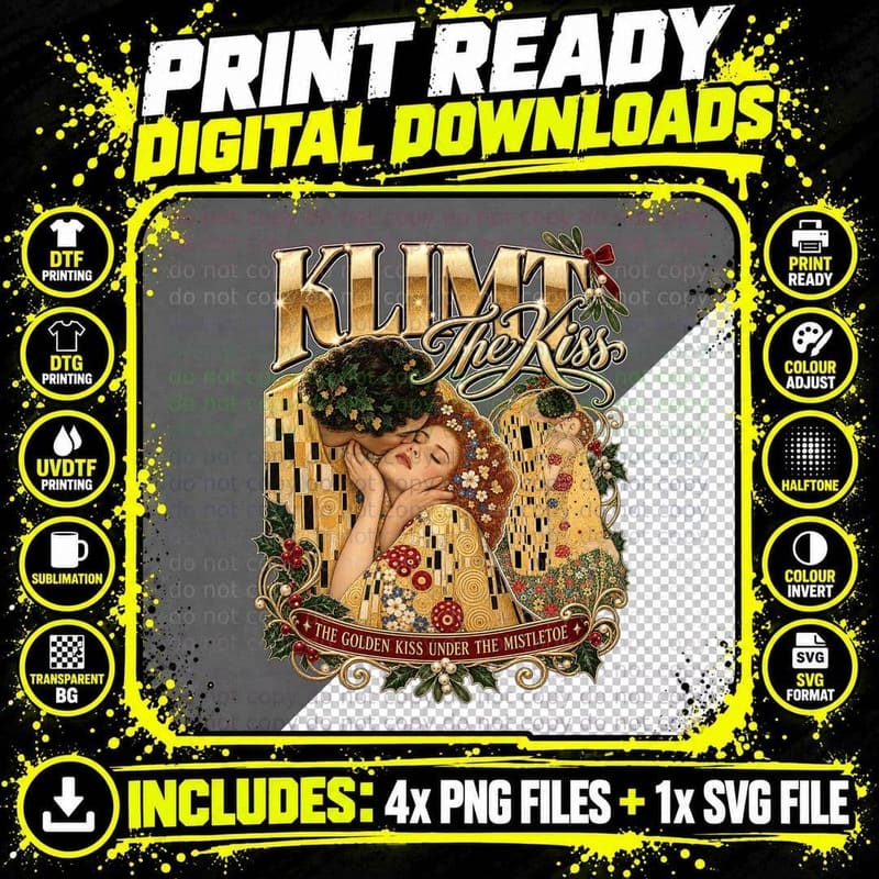Klimt The Kiss Art Nouveau Vintage Christmas Gold T-Shirt Png SVG Digital Bundle
