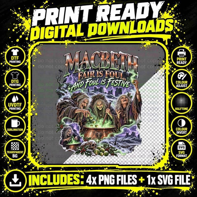 Macbeth Three Witches Fair Is Foul And Foul Is Festive Png SVG Digital Bundle