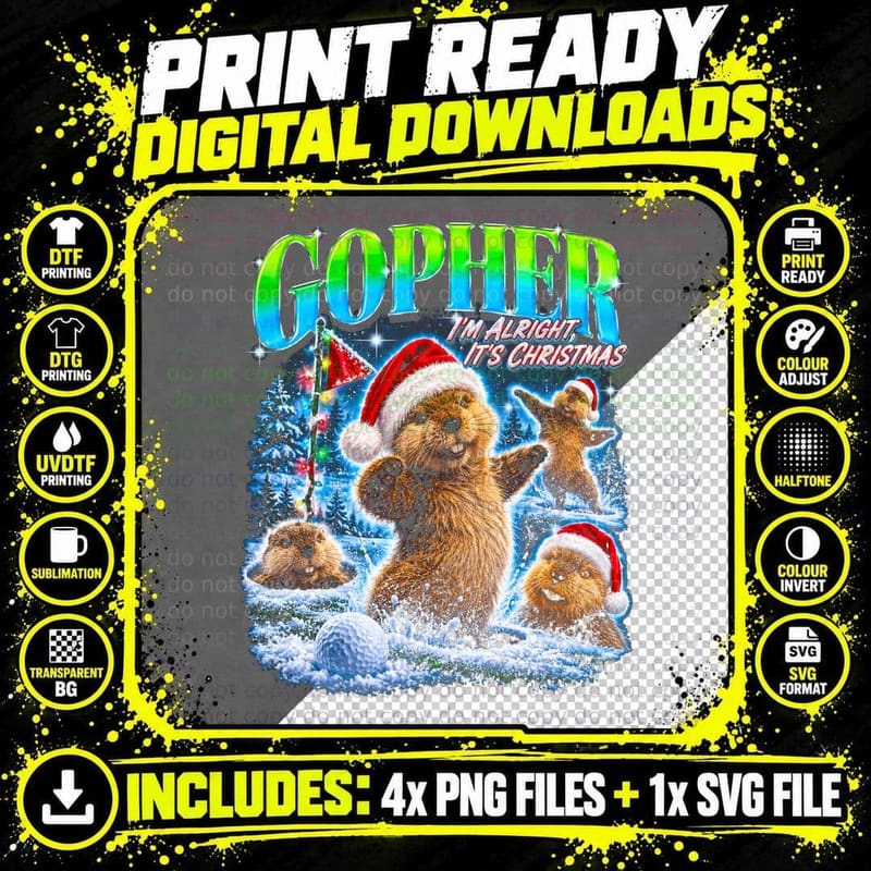 Gopher I'm Alright It's Christmas Funny Santa Hat Retro Png SVG Digital Bundle