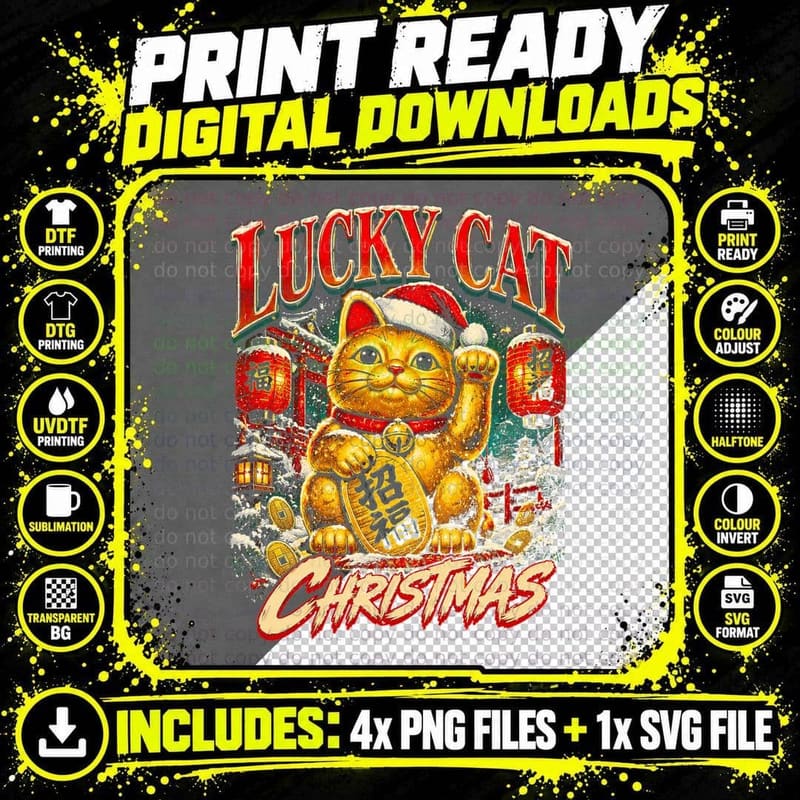 Maneki Neko Japanese Lucky Cat Christmas Retro Vintage Png SVG Digital Bundle