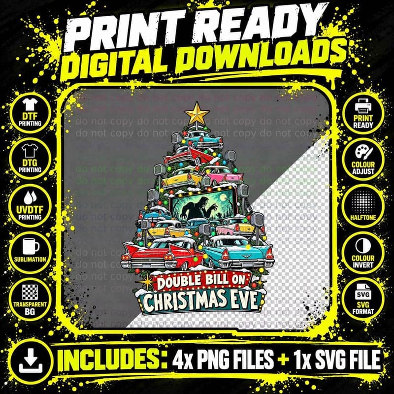 1950s Drive In Movie Retro Christmas Classic Car Monster Png SVG Digital Bundle