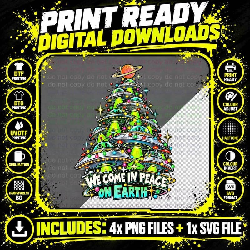 1950s UFO Flying Saucer Retro Sci Fi Alien Christmas Png SVG Digital Bundle