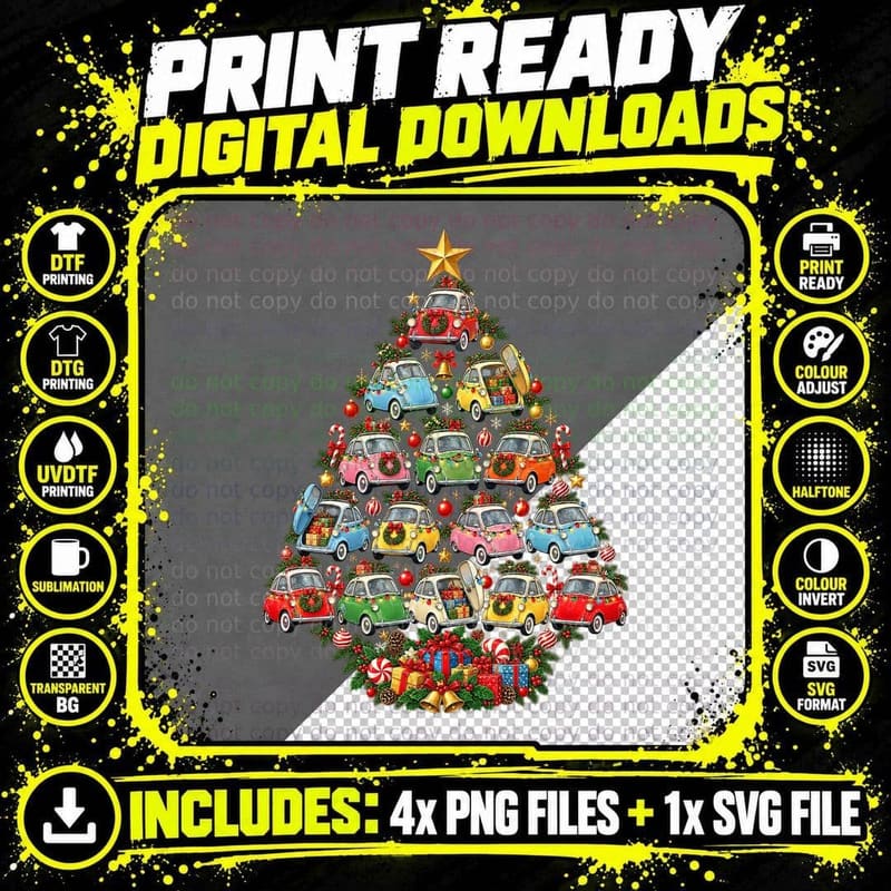 Bubble Car Christmas Tree Retro Microcar Vintage Car Png SVG Digital Bundle
