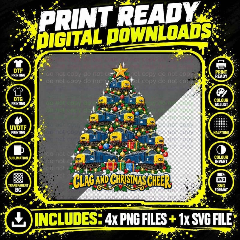 Class 37 Christmas British Rail Blue Diesel Train Retro Png SVG Digital Bundle