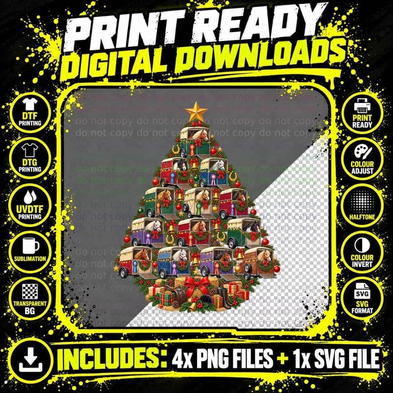 Horsebox Christmas Tree Horse Lover Equestrian Riding Png SVG Digital Bundle