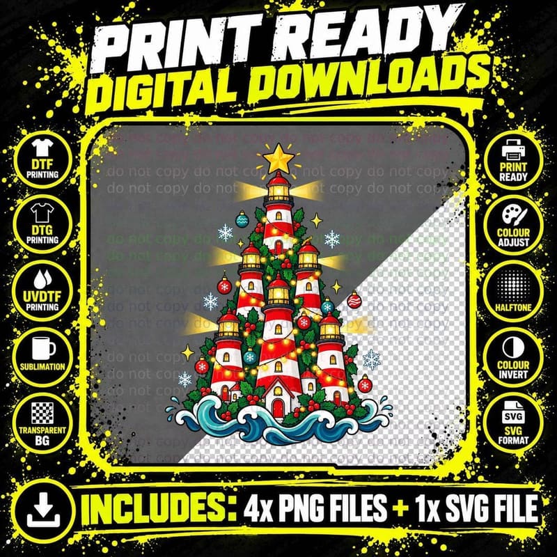 Lighthouse Christmas Tree Coastal Nautical Seaside Png SVG Digital Bundle