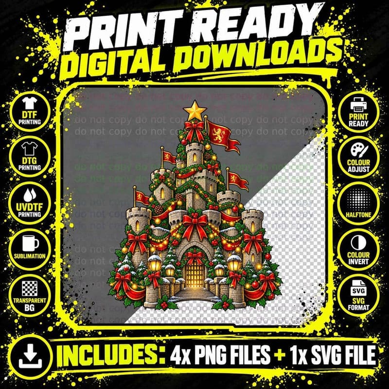 Medieval Castle Christmas Tree Fantasy Fairytale Festive Png SVG Digital Bundle