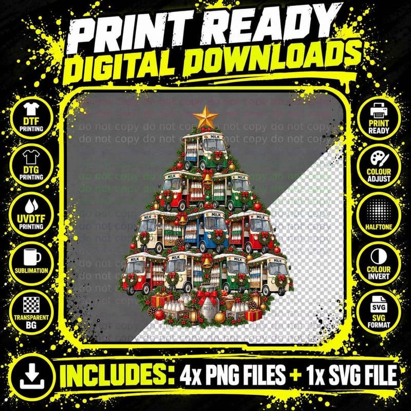 Milk Float Christmas Tree Retro British Milkman Dairy Png SVG Digital Bundle