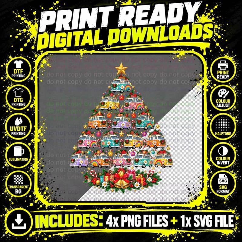 Retro Road Trip Van Christmas Tree Festive Holiday Lover Png SVG Digital Bundle