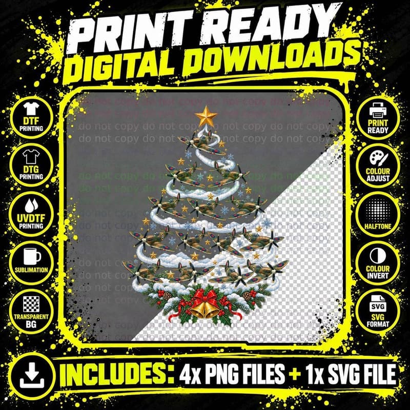 Spitfire Christmas Tree WW2 Aircraft Aviation Plane Png SVG Digital Bundle