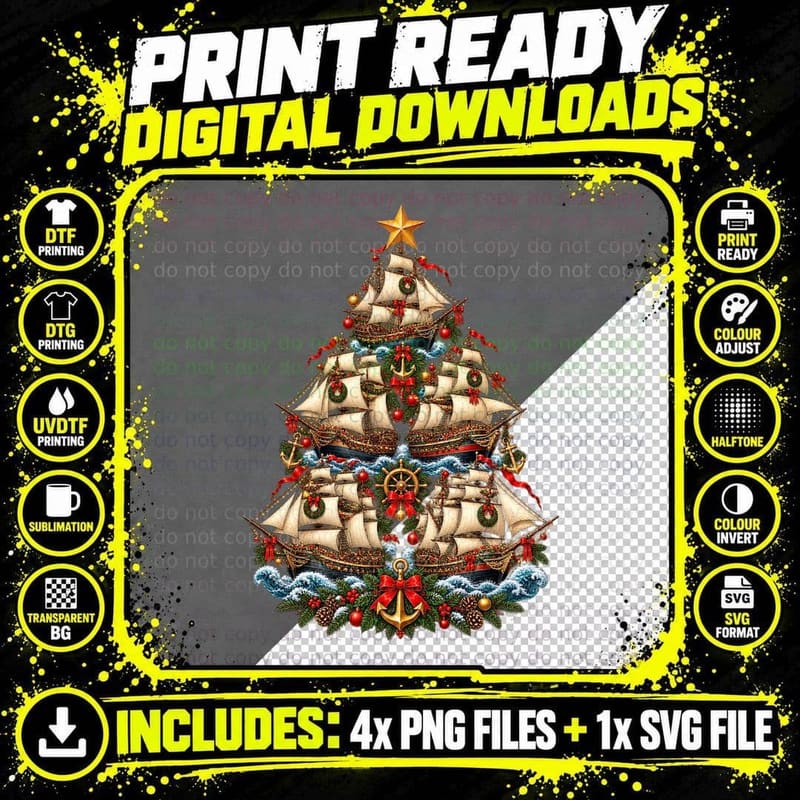 Tall Ship Christmas Tree Sailing Nautical Pirate Galleon Png SVG Digital Bundle
