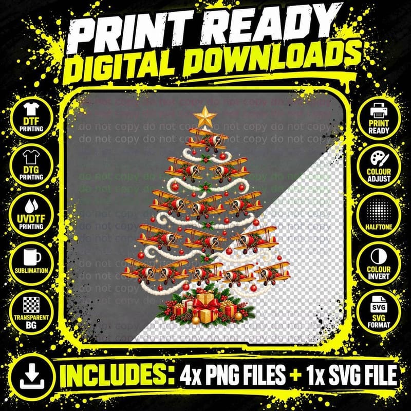 Vintage Biplane Christmas Tree Aviation Pilot Retro Png SVG Digital Bundle