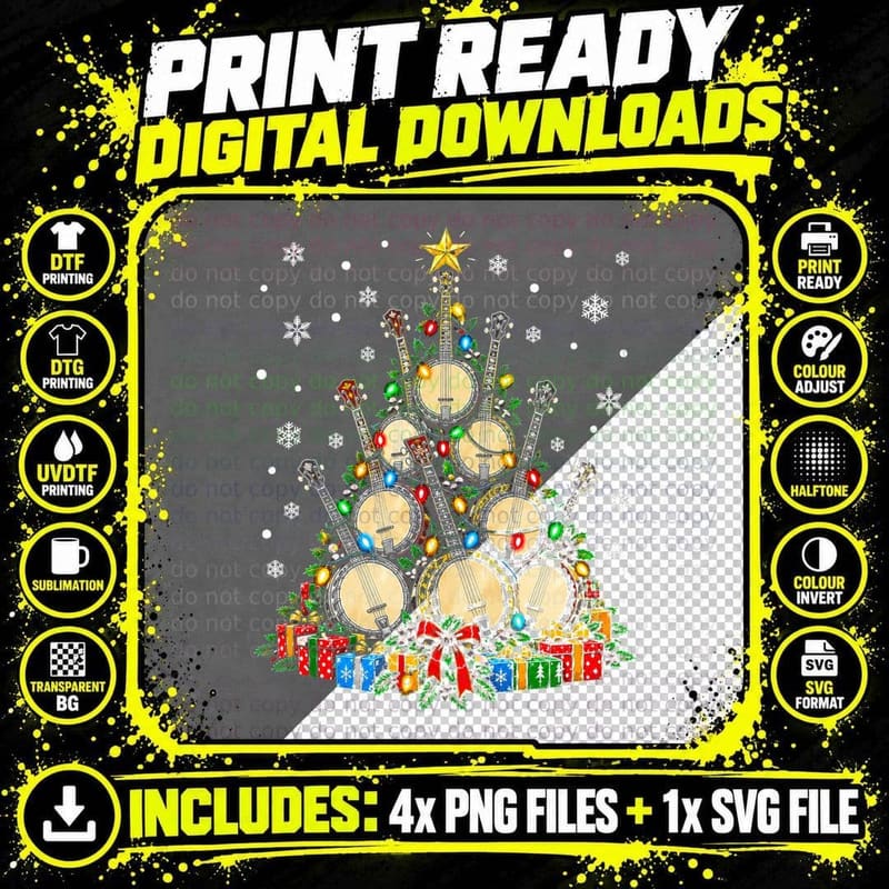 Banjo Christmas Tree Bluegrass Country Folk Musician Png SVG Digital Bundle