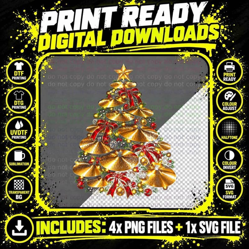 Cymbal Christmas Tree Drummer Gold Cymbals Drumming Gift Png SVG Digital Bundle