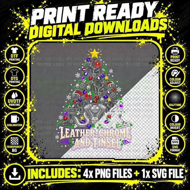 Leather Chrome And Tinsel Biker Christmas Tree Png SVG Digital Bundle
