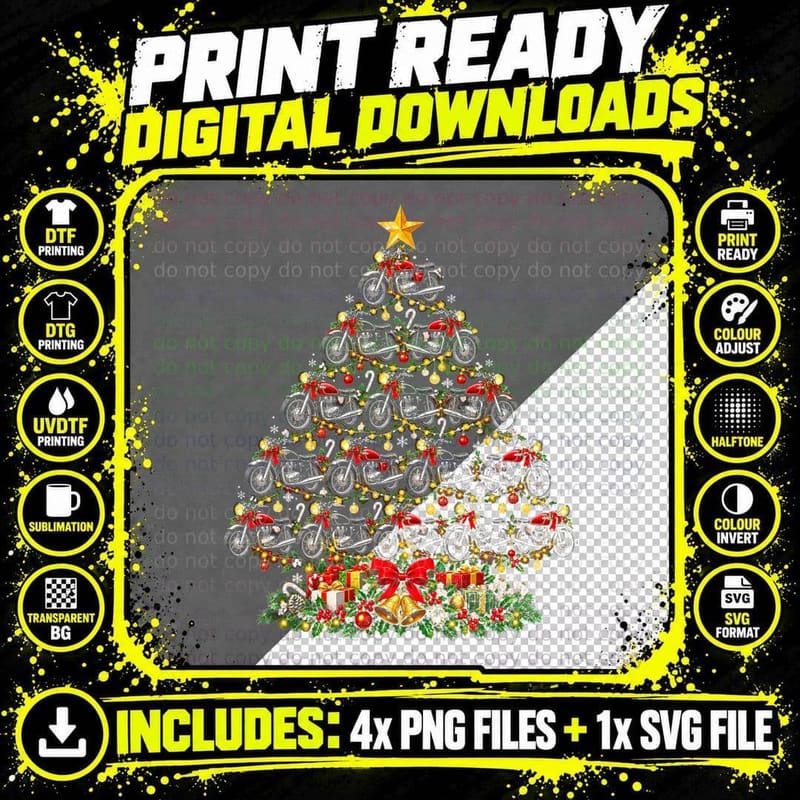 Motorbike Christmas Tree Biker Motorcycle Rider Gift Png SVG Digital Bundle