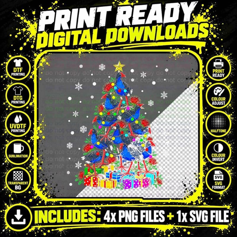 Pukeko Christmas Tree New Zealand Bird Kiwi Xmas Gift Png SVG Digital Bundle