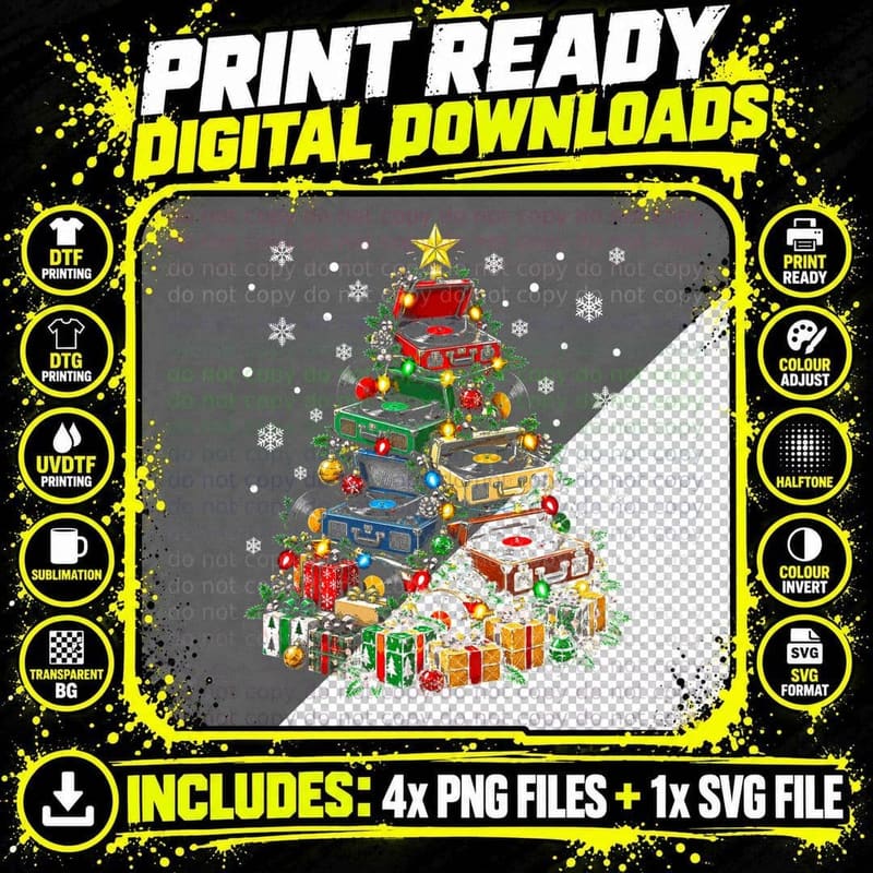 Record Player Christmas Tree Vinyl Turntable Lover Png SVG Digital Bundle