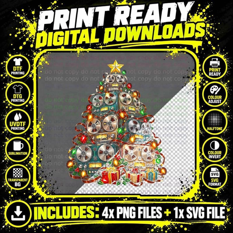 Reel To Reel Christmas Tree Vintage Tape Recorder Audio Png SVG Digital Bundle