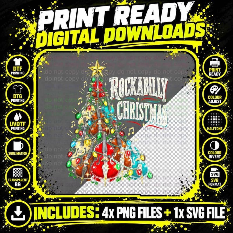 Rockabilly Christmas Double Bass Tree 50s Rock And Roll Png SVG Digital Bundle