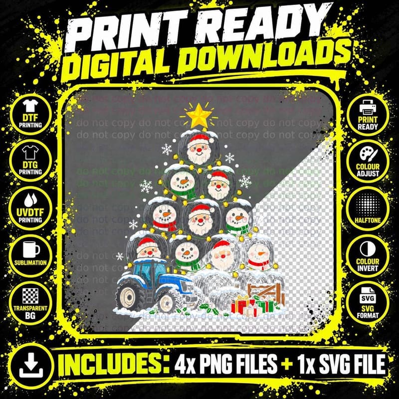 Silage Bale Christmas Tree Farmer Snowman Santa Tractor Png SVG Digital Bundle