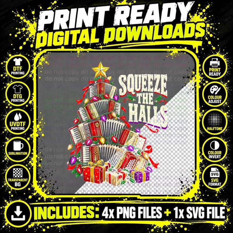Squeeze The Halls Accordion Christmas Tree Folk Musician Png SVG Digital Bundle