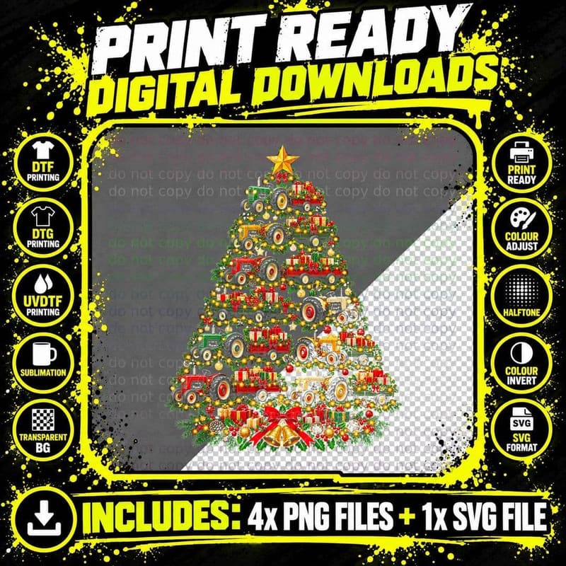 Tractor And Trailer Christmas Tree Farmer Farm Country Png SVG Digital Bundle