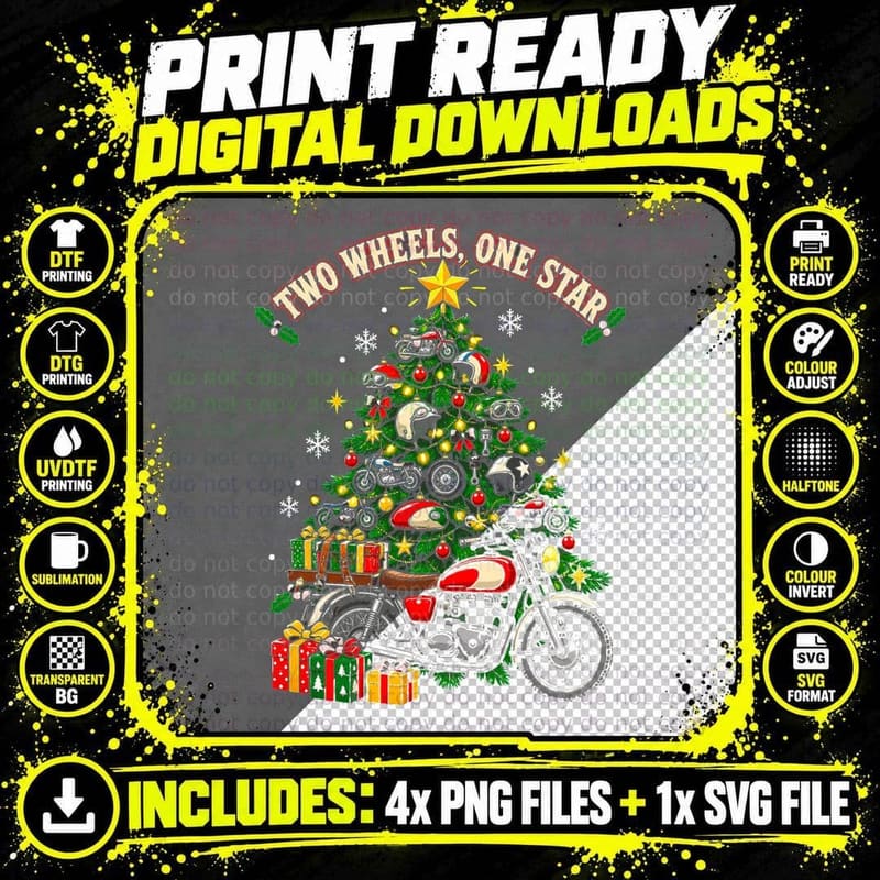 Two Wheels One Star Vintage Motorbike Christmas Tree Png SVG Digital Bundle