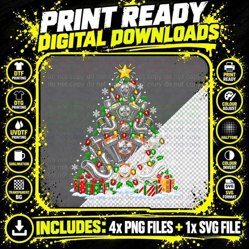 V-Twin Engine Christmas Tree Biker Motorcycle Mechanic Png SVG Digital Bundle