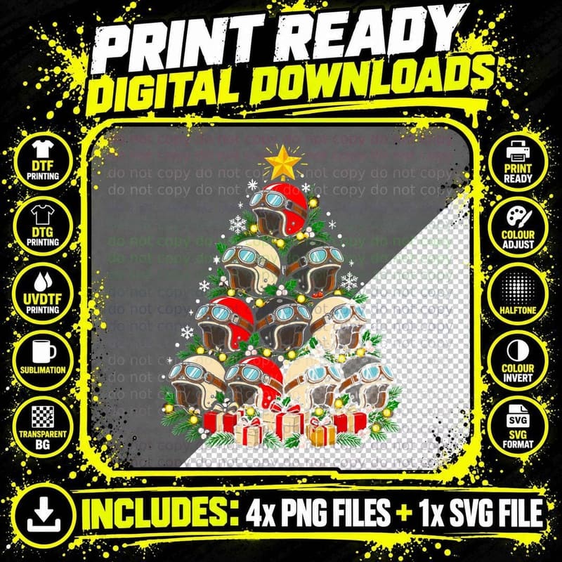 Vintage Motorcycle Helmet Christmas Tree Retro Biker Png SVG Digital Bundle