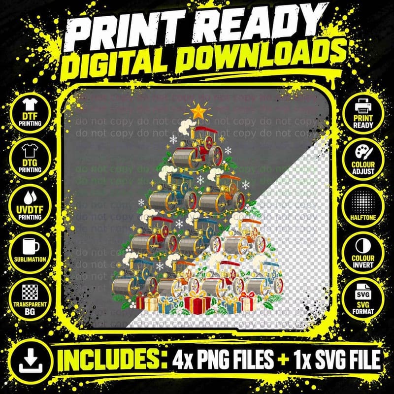 Vintage Steam Roller Christmas Tree Traction Engine Png SVG Digital Bundle