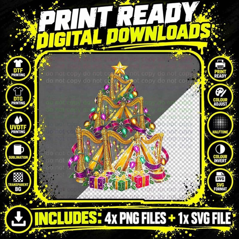 Welsh Triple Harp Christmas Tree Wales Music Harpist Png SVG Digital Bundle