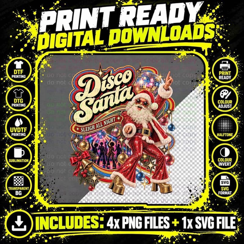 Christmas Disco Santa Vintage Sleigh All Night Xmas Png SVG Digital Bundle