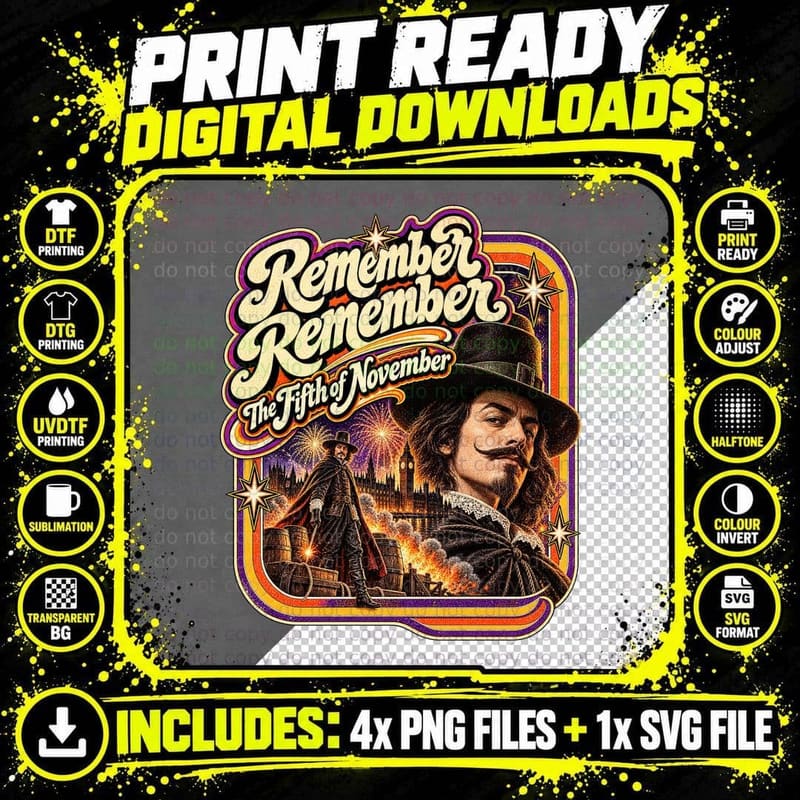 Guy Fawkes Bonfire Night Vintage Remember Remember UK Png SVG Digital Bundle