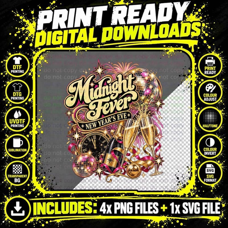 New Years Eve Midnight Fever Vintage Retro Disco Party Png SVG Digital Bundle