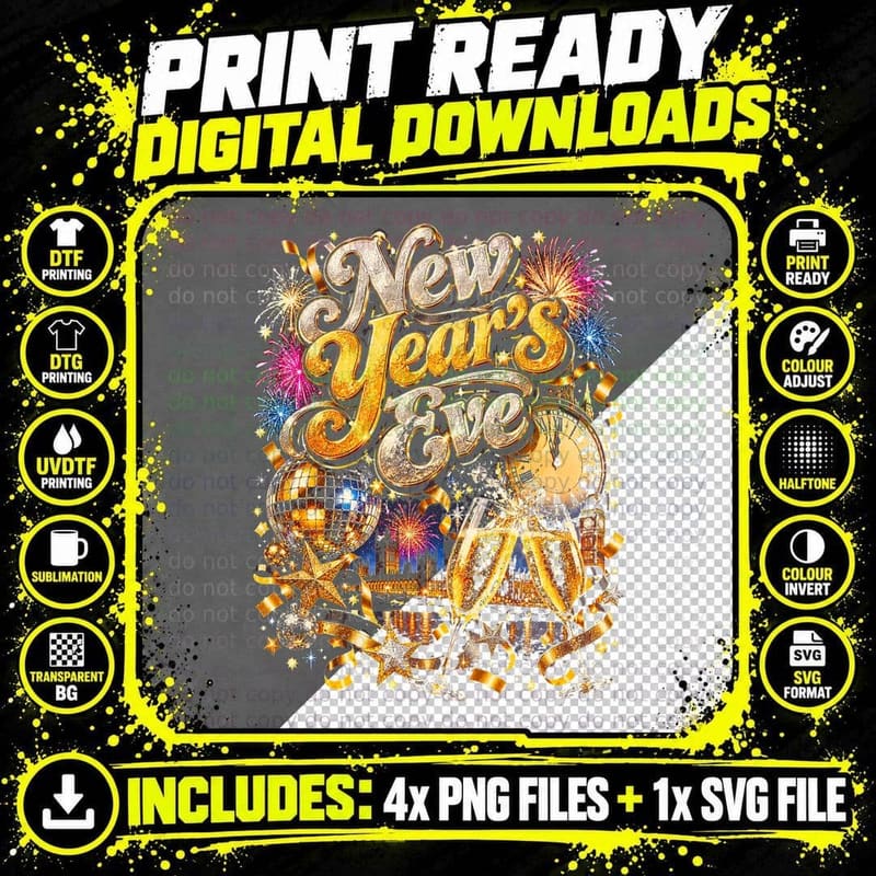 New Year's Eve Fireworks Champagne Countdown Party Retro Png SVG Digital Bundle