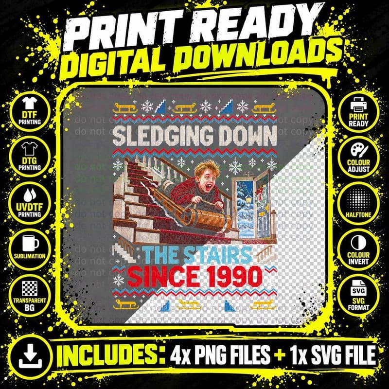 Home Alone Kevin Sledging Down The Stairs Since 1990 Png SVG Digital Bundle