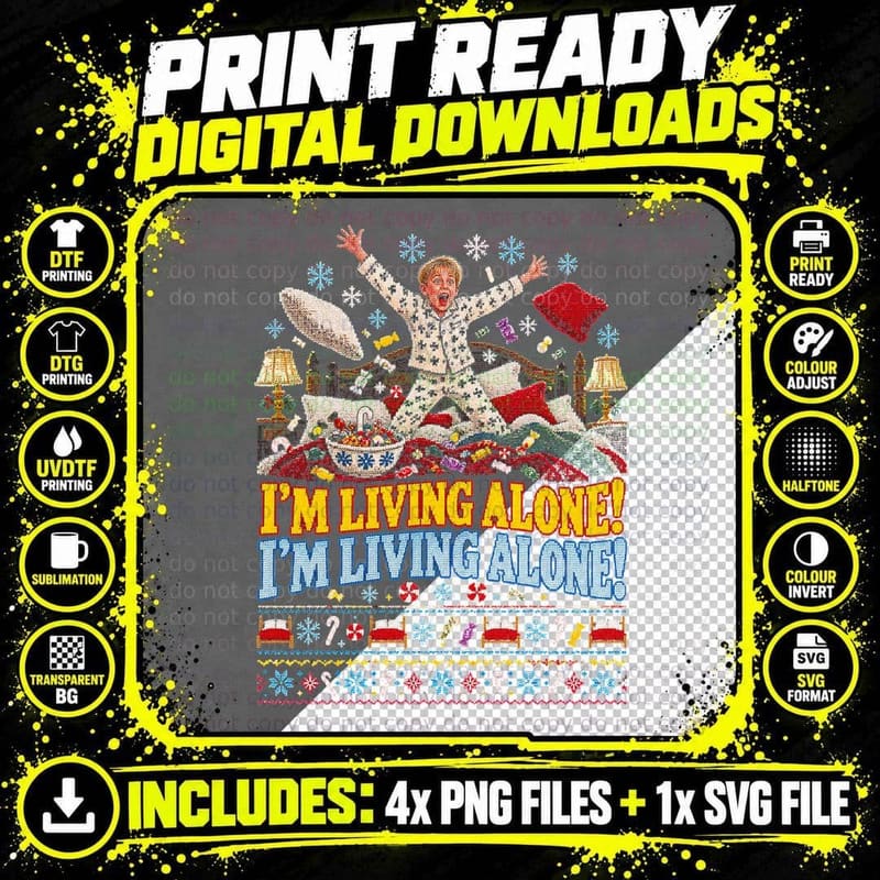 Home Alone Kevin I'm Living Alone Pillow Fight Christmas Png SVG Digital Bundle
