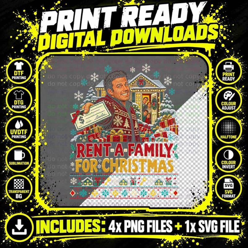 Rent A Family For Christmas Funny Movie Ugly Sweater Png SVG Digital Bundle