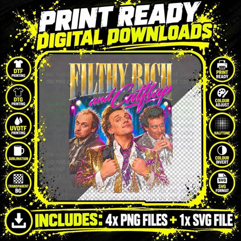 Filthy Rich and Catflap Rik Mayall Retro 80s British TV Png SVG Digital Bundle